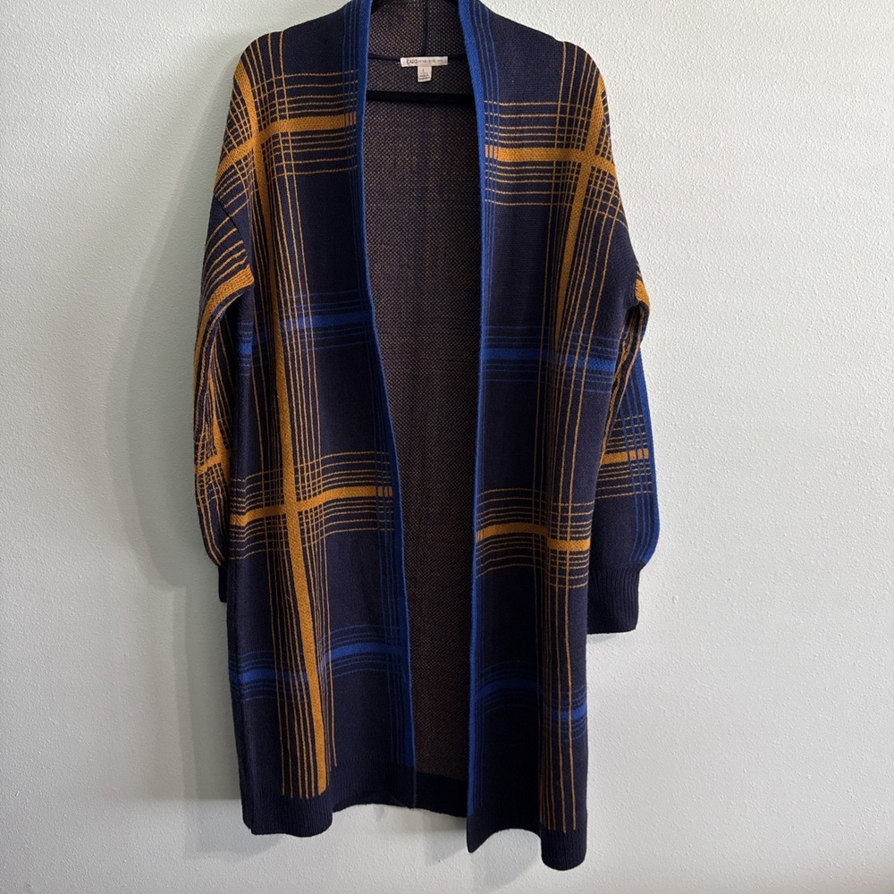 Cato‎ window pane plaid long open front cardigan relaxed fit Blue/Yellow large